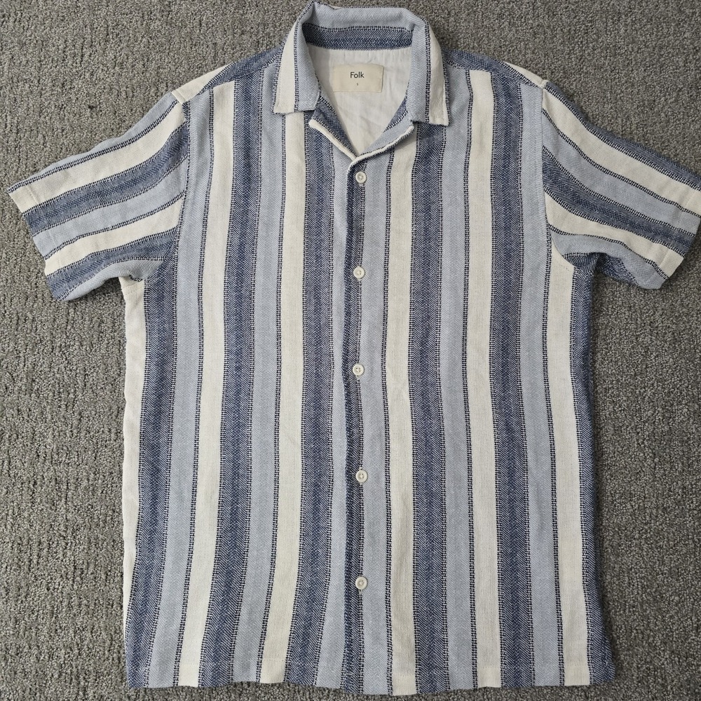 Folk Blue White Striped Camp Collar Shirt Mens Small Coastal Resort Short Sleeve